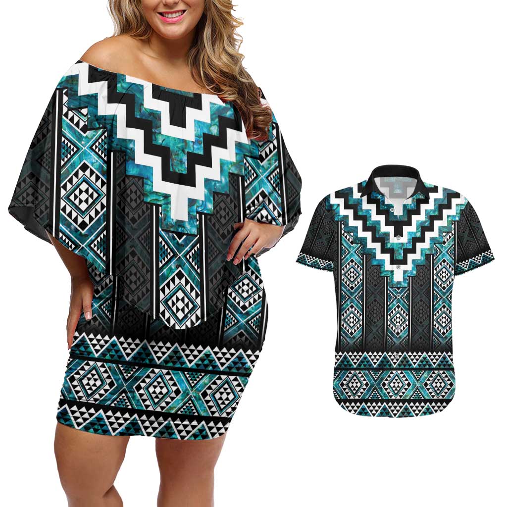 Paua Shell Taniko Pattern Aotearoa Couples Matching Off Shoulder Short Dress and Hawaiian Shirt Niho Taniwha Mix Poutama