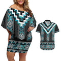 Paua Shell Taniko Pattern Aotearoa Couples Matching Off Shoulder Short Dress and Hawaiian Shirt Niho Taniwha Mix Poutama