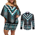 Paua Shell Taniko Pattern Aotearoa Couples Matching Off Shoulder Short Dress and Long Sleeve Button Shirt Niho Taniwha Mix Poutama