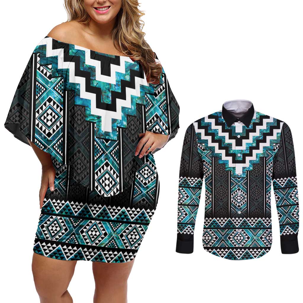 Paua Shell Taniko Pattern Aotearoa Couples Matching Off Shoulder Short Dress and Long Sleeve Button Shirt Niho Taniwha Mix Poutama