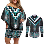 Paua Shell Taniko Pattern Aotearoa Couples Matching Off Shoulder Short Dress and Long Sleeve Button Shirt Niho Taniwha Mix Poutama