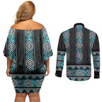 Paua Shell Taniko Pattern Aotearoa Couples Matching Off Shoulder Short Dress and Long Sleeve Button Shirt Niho Taniwha Mix Poutama