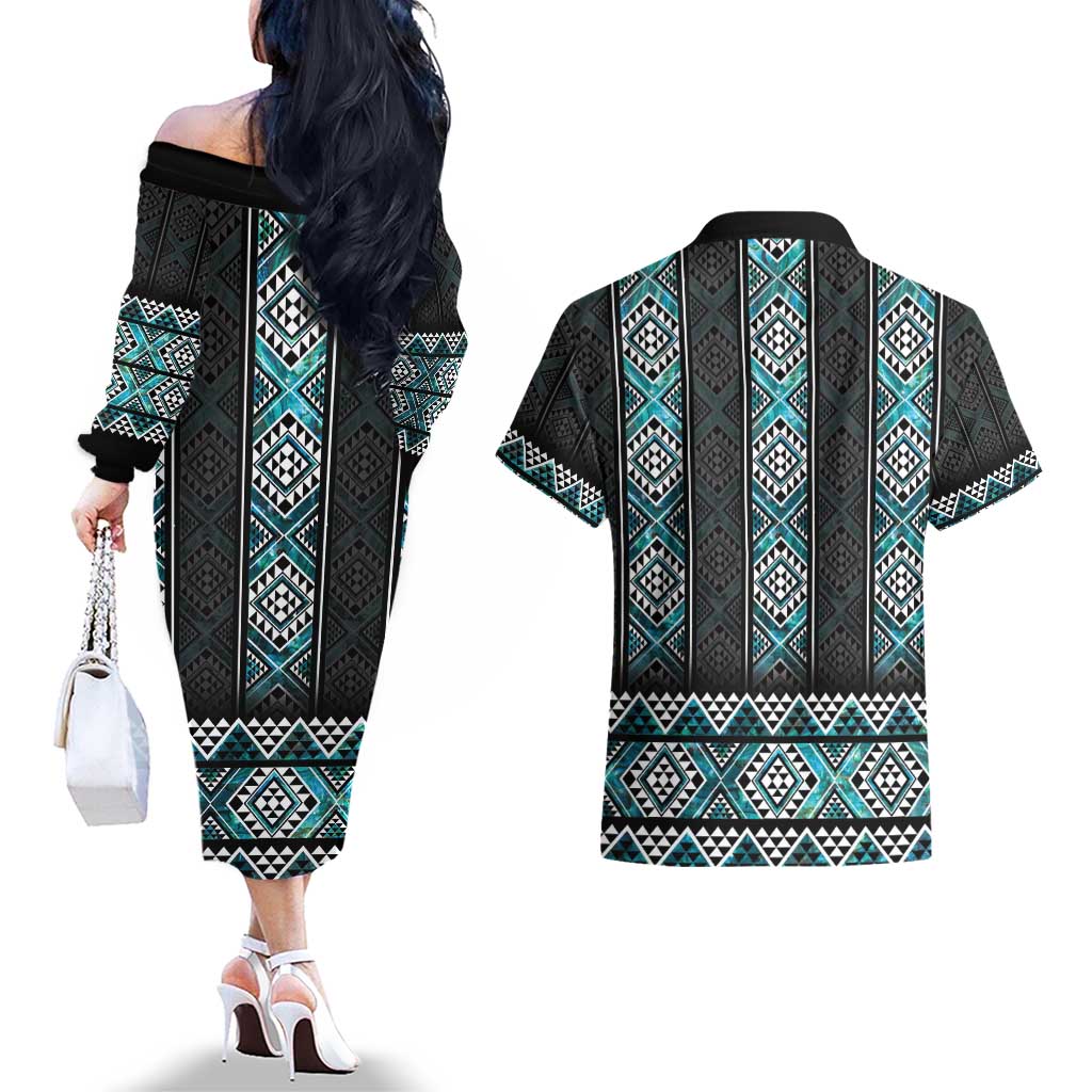Paua Shell Taniko Pattern Aotearoa Couples Matching Off The Shoulder Long Sleeve Dress and Hawaiian Shirt Niho Taniwha Mix Poutama