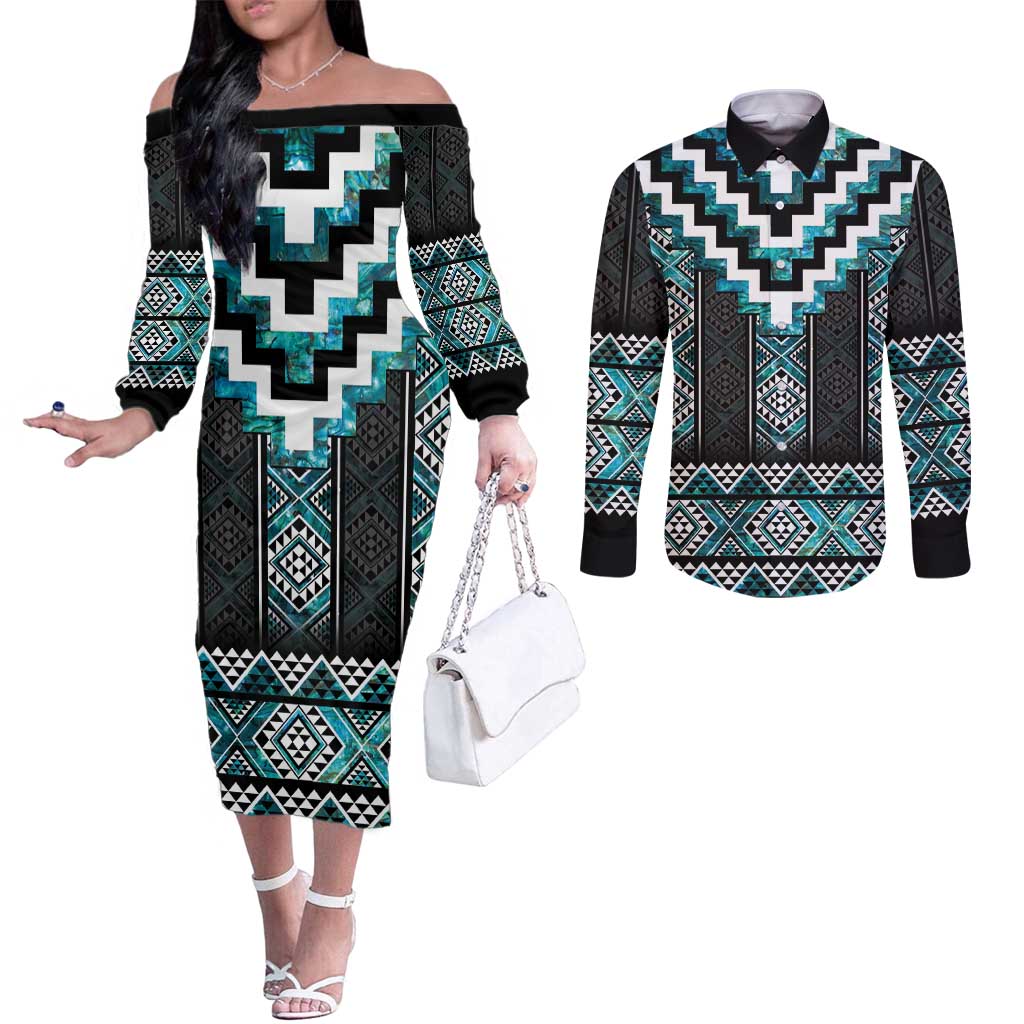 Paua Shell Taniko Pattern Aotearoa Couples Matching Off The Shoulder Long Sleeve Dress and Long Sleeve Button Shirt Niho Taniwha Mix Poutama