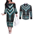 Paua Shell Taniko Pattern Aotearoa Couples Matching Off The Shoulder Long Sleeve Dress and Long Sleeve Button Shirt Niho Taniwha Mix Poutama