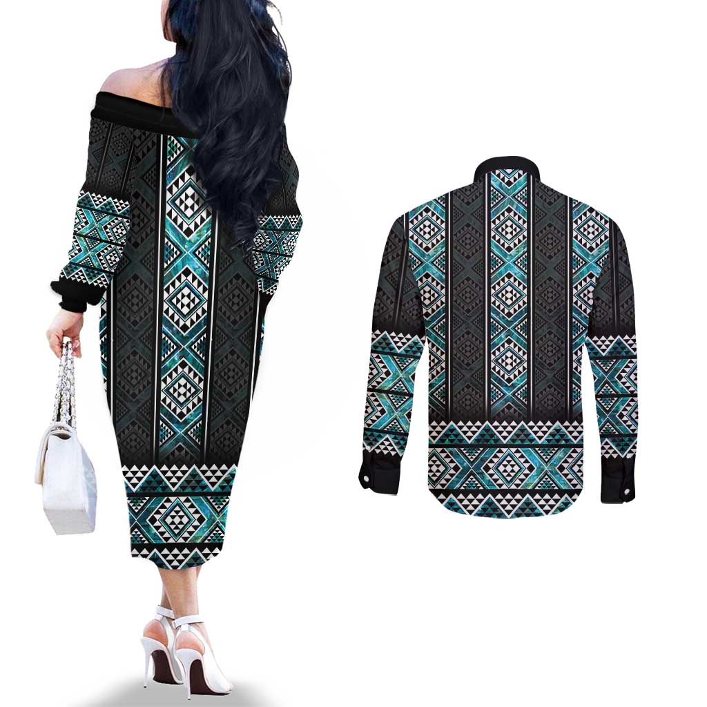 Paua Shell Taniko Pattern Aotearoa Couples Matching Off The Shoulder Long Sleeve Dress and Long Sleeve Button Shirt Niho Taniwha Mix Poutama