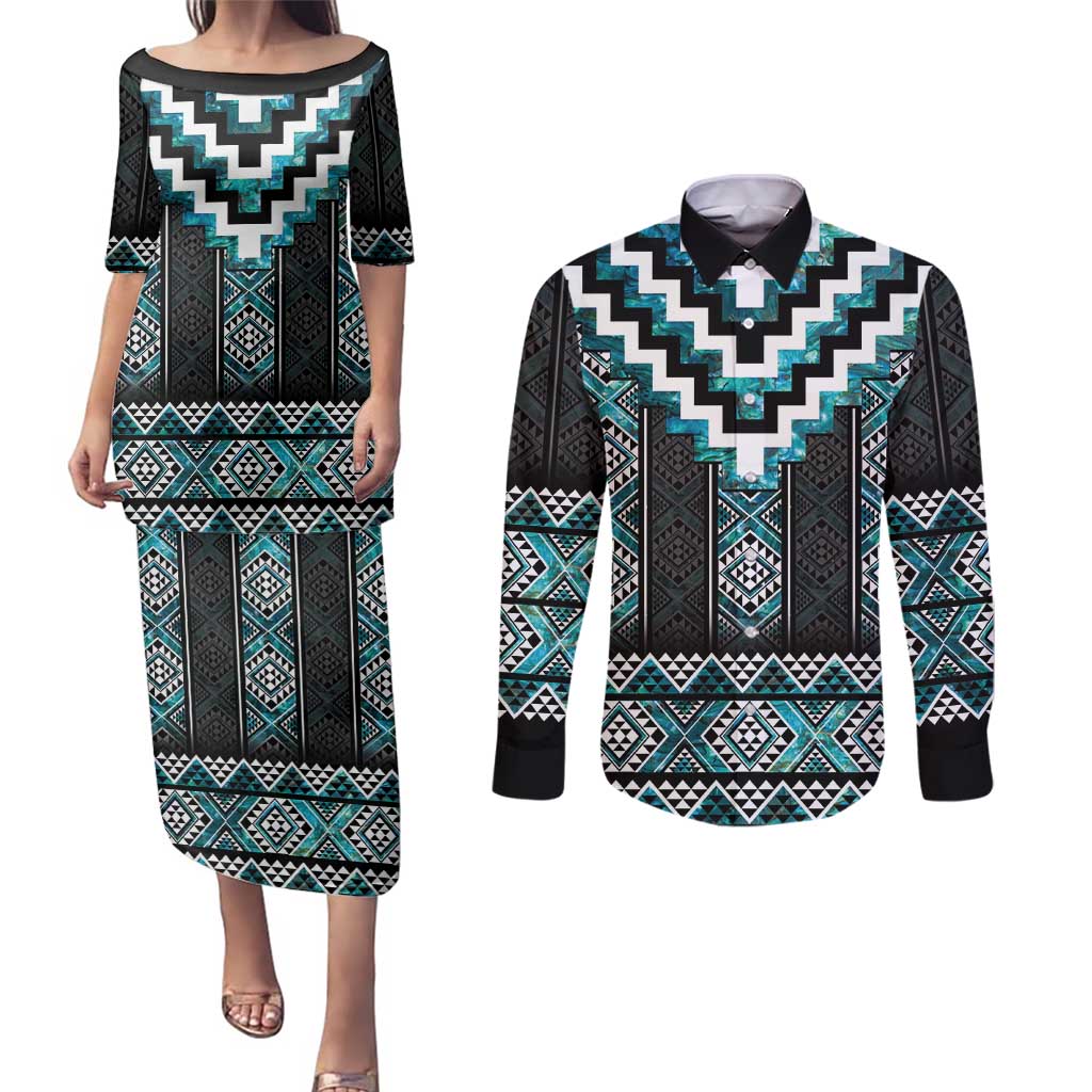 Paua Shell Taniko Pattern Aotearoa Couples Matching Puletasi and Long Sleeve Button Shirt Niho Taniwha Mix Poutama