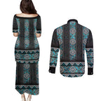 Paua Shell Taniko Pattern Aotearoa Couples Matching Puletasi and Long Sleeve Button Shirt Niho Taniwha Mix Poutama