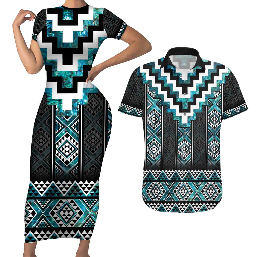 Paua Shell Taniko Pattern Aotearoa Couples Matching Short Sleeve Bodycon Dress and Hawaiian Shirt Niho Taniwha Mix Poutama