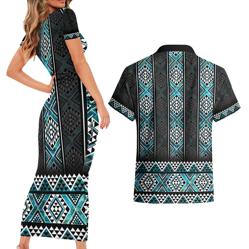 Paua Shell Taniko Pattern Aotearoa Couples Matching Short Sleeve Bodycon Dress and Hawaiian Shirt Niho Taniwha Mix Poutama