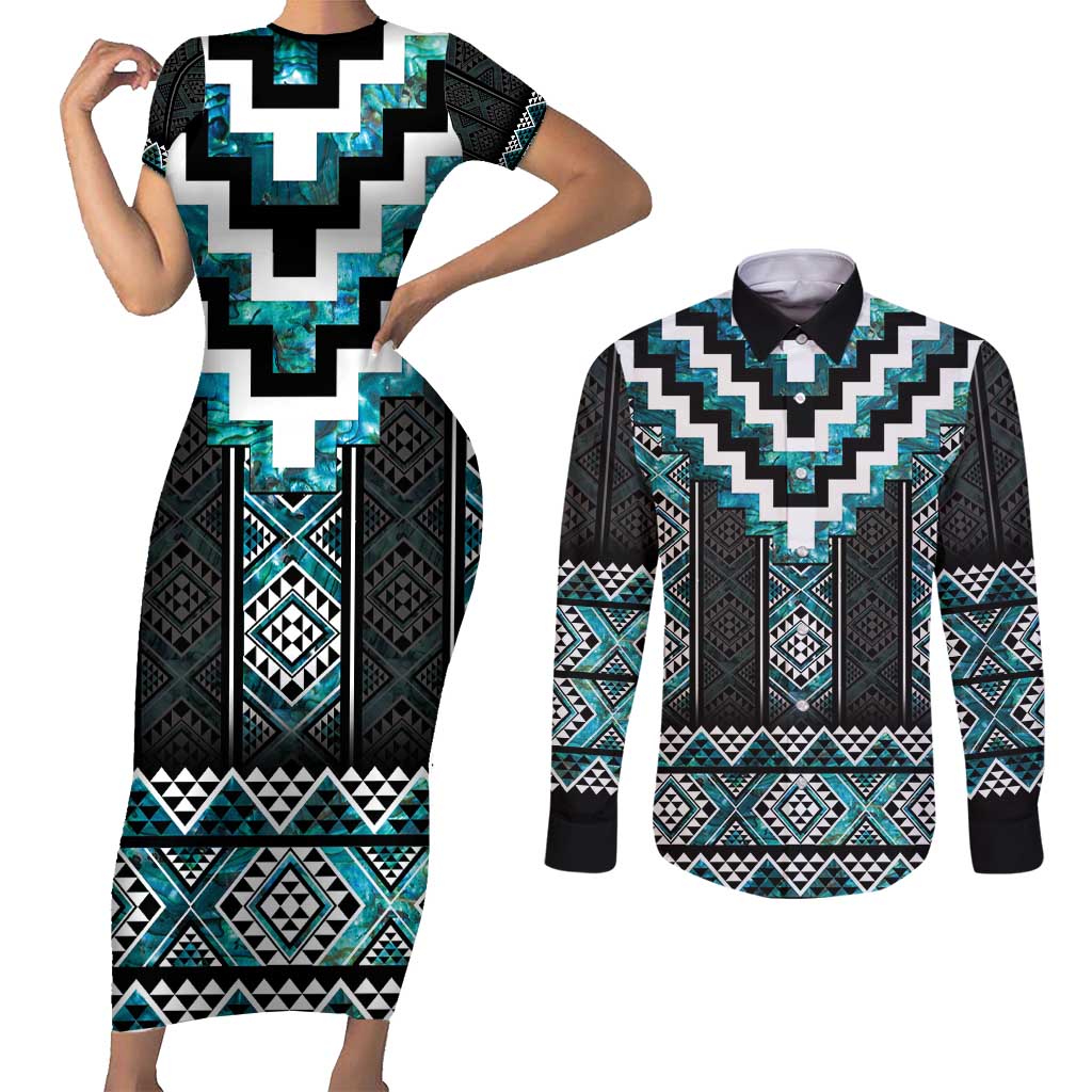 Paua Shell Taniko Pattern Aotearoa Couples Matching Short Sleeve Bodycon Dress and Long Sleeve Button Shirt Niho Taniwha Mix Poutama