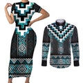 Paua Shell Taniko Pattern Aotearoa Couples Matching Short Sleeve Bodycon Dress and Long Sleeve Button Shirt Niho Taniwha Mix Poutama