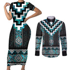 Paua Shell Taniko Pattern Aotearoa Couples Matching Short Sleeve Bodycon Dress and Long Sleeve Button Shirt Niho Taniwha Mix Poutama