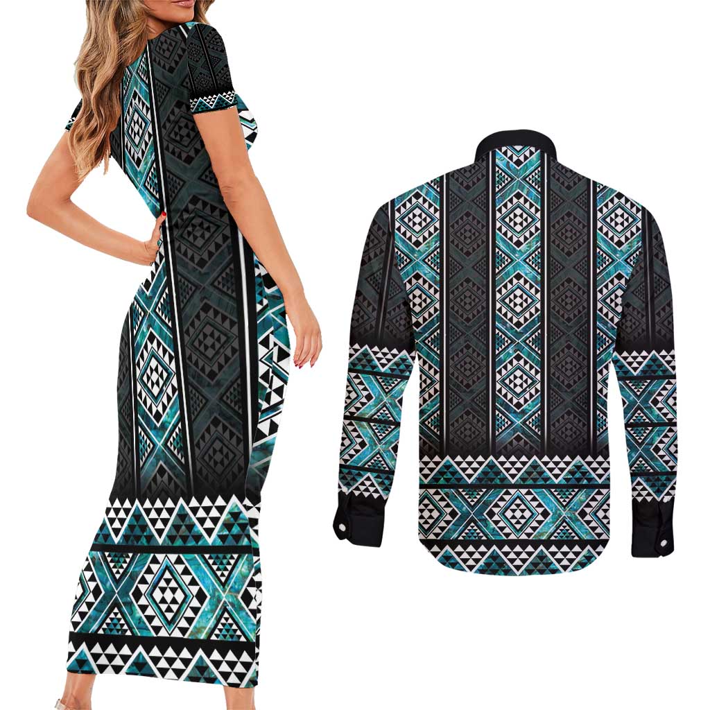 Paua Shell Taniko Pattern Aotearoa Couples Matching Short Sleeve Bodycon Dress and Long Sleeve Button Shirt Niho Taniwha Mix Poutama