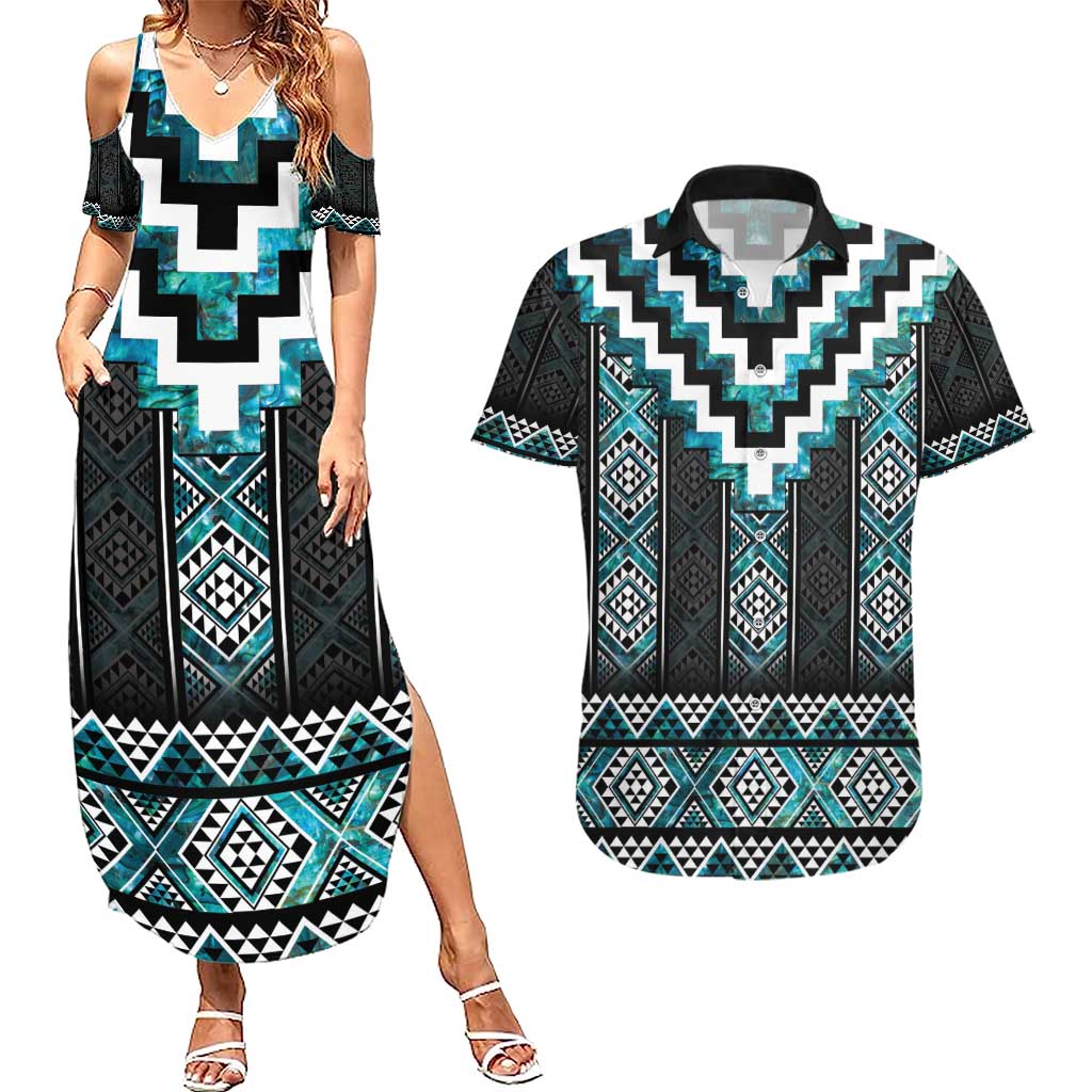Paua Shell Taniko Pattern Aotearoa Couples Matching Summer Maxi Dress and Hawaiian Shirt Niho Taniwha Mix Poutama