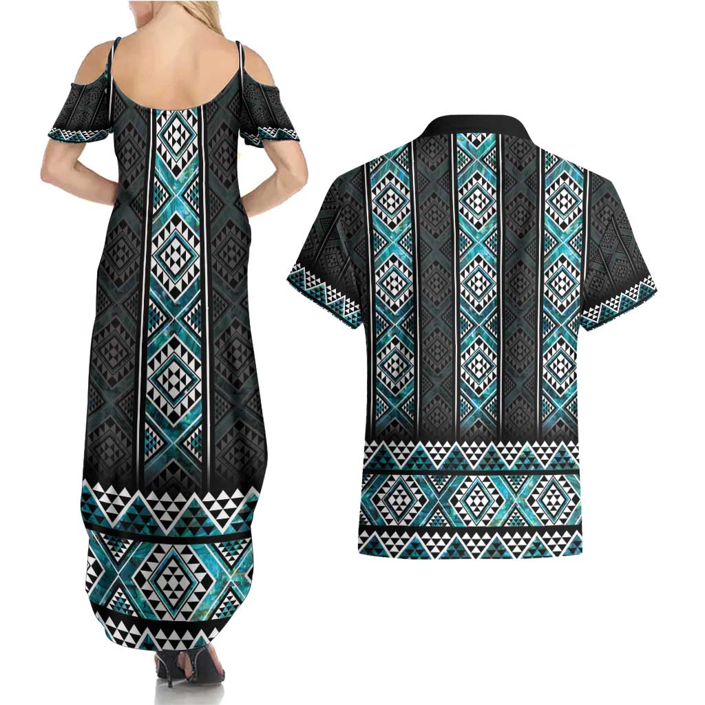 Paua Shell Taniko Pattern Aotearoa Couples Matching Summer Maxi Dress and Hawaiian Shirt Niho Taniwha Mix Poutama