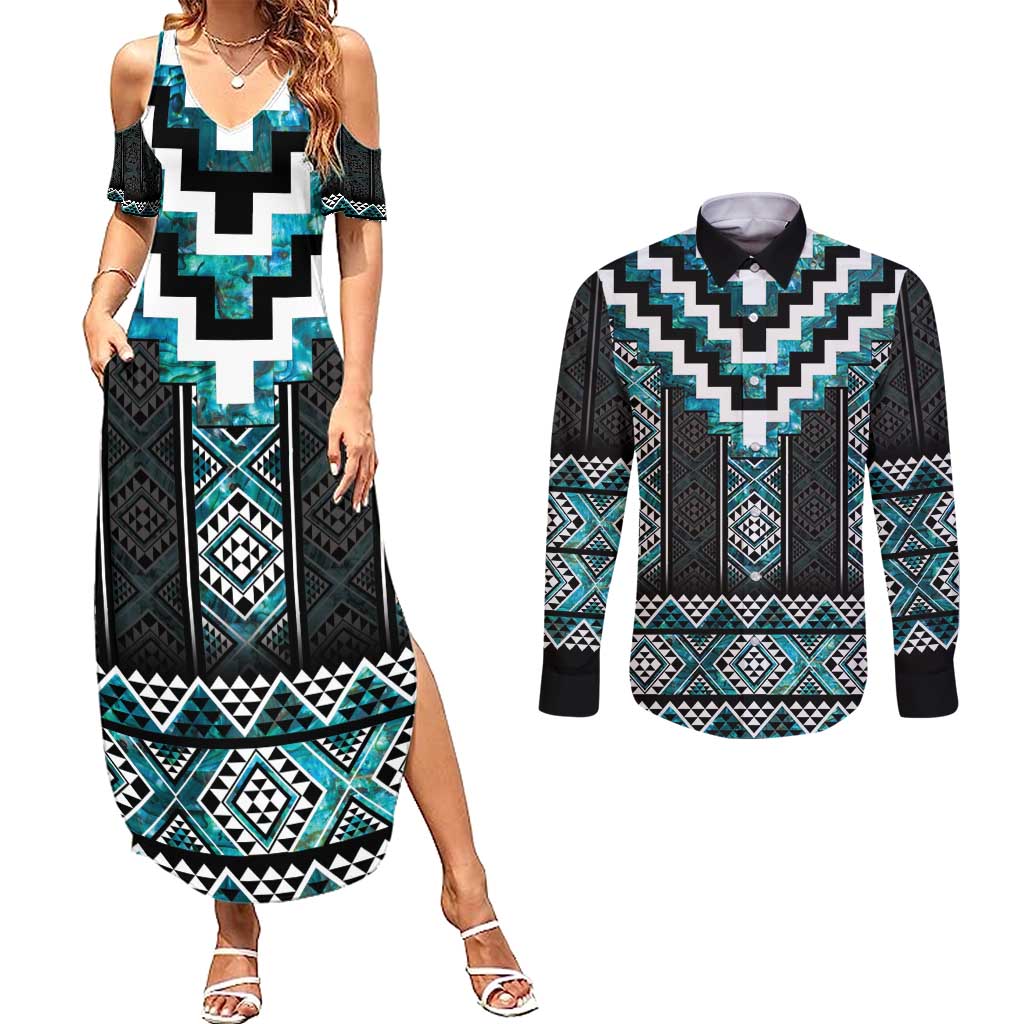 Paua Shell Taniko Pattern Aotearoa Couples Matching Summer Maxi Dress and Long Sleeve Button Shirt Niho Taniwha Mix Poutama