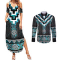 Paua Shell Taniko Pattern Aotearoa Couples Matching Summer Maxi Dress and Long Sleeve Button Shirt Niho Taniwha Mix Poutama