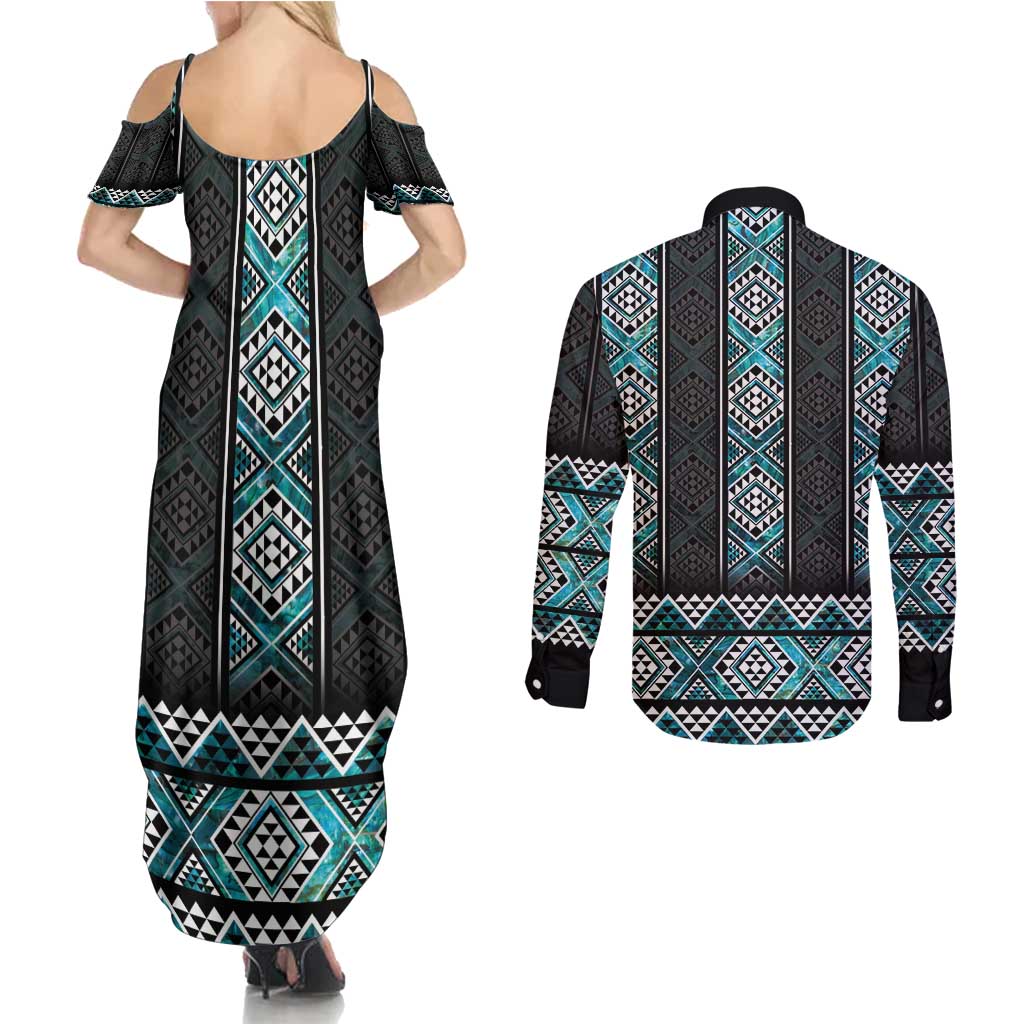 Paua Shell Taniko Pattern Aotearoa Couples Matching Summer Maxi Dress and Long Sleeve Button Shirt Niho Taniwha Mix Poutama