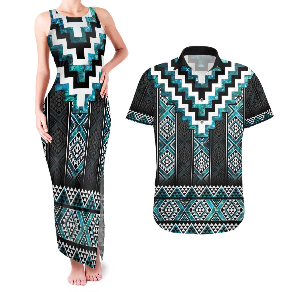 Paua Shell Taniko Pattern Aotearoa Couples Matching Tank Maxi Dress and Hawaiian Shirt Niho Taniwha Mix Poutama