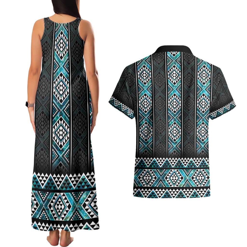 Paua Shell Taniko Pattern Aotearoa Couples Matching Tank Maxi Dress and Hawaiian Shirt Niho Taniwha Mix Poutama