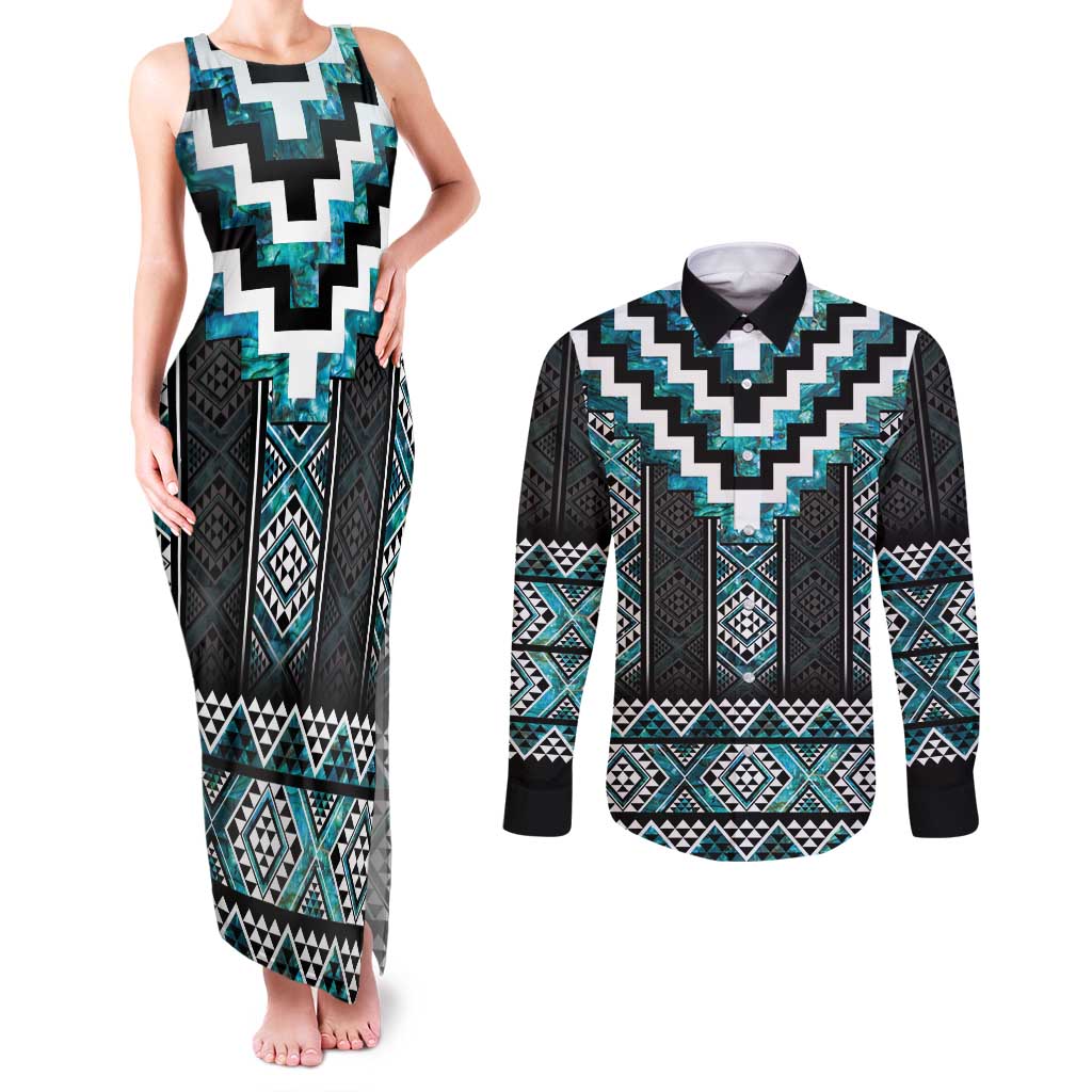 Paua Shell Taniko Pattern Aotearoa Couples Matching Tank Maxi Dress and Long Sleeve Button Shirt Niho Taniwha Mix Poutama