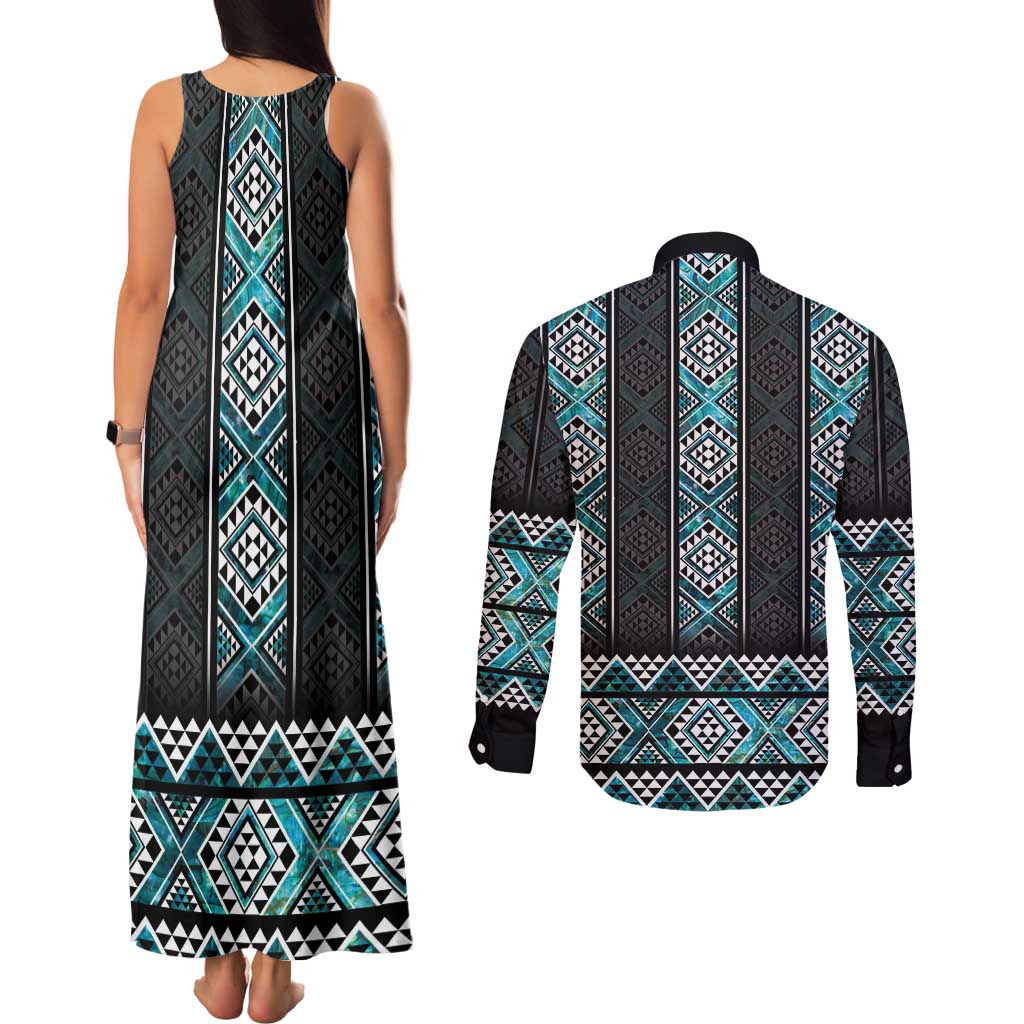 Paua Shell Taniko Pattern Aotearoa Couples Matching Tank Maxi Dress and Long Sleeve Button Shirt Niho Taniwha Mix Poutama