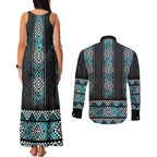 Paua Shell Taniko Pattern Aotearoa Couples Matching Tank Maxi Dress and Long Sleeve Button Shirt Niho Taniwha Mix Poutama
