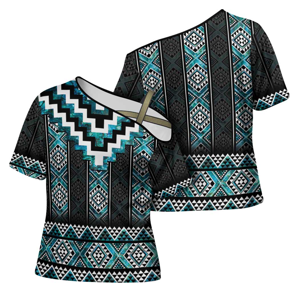 Paua Shell Taniko Pattern Aotearoa Cross Shoulder Shirt Niho Taniwha Mix Poutama - Aussie Hoodie