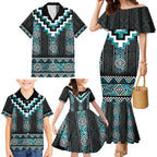 Paua Shell Taniko Pattern Aotearoa Family Matching Mermaid Dress and Hawaiian Shirt Niho Taniwha Mix Poutama