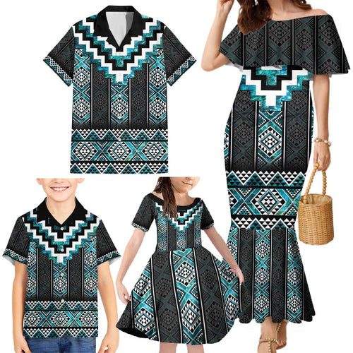 Paua Shell Taniko Pattern Aotearoa Family Matching Mermaid Dress and Hawaiian Shirt Niho Taniwha Mix Poutama