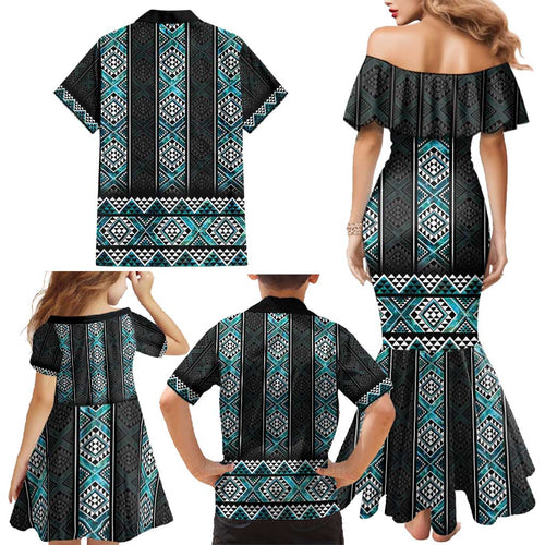 Paua Shell Taniko Pattern Aotearoa Family Matching Mermaid Dress and Hawaiian Shirt Niho Taniwha Mix Poutama