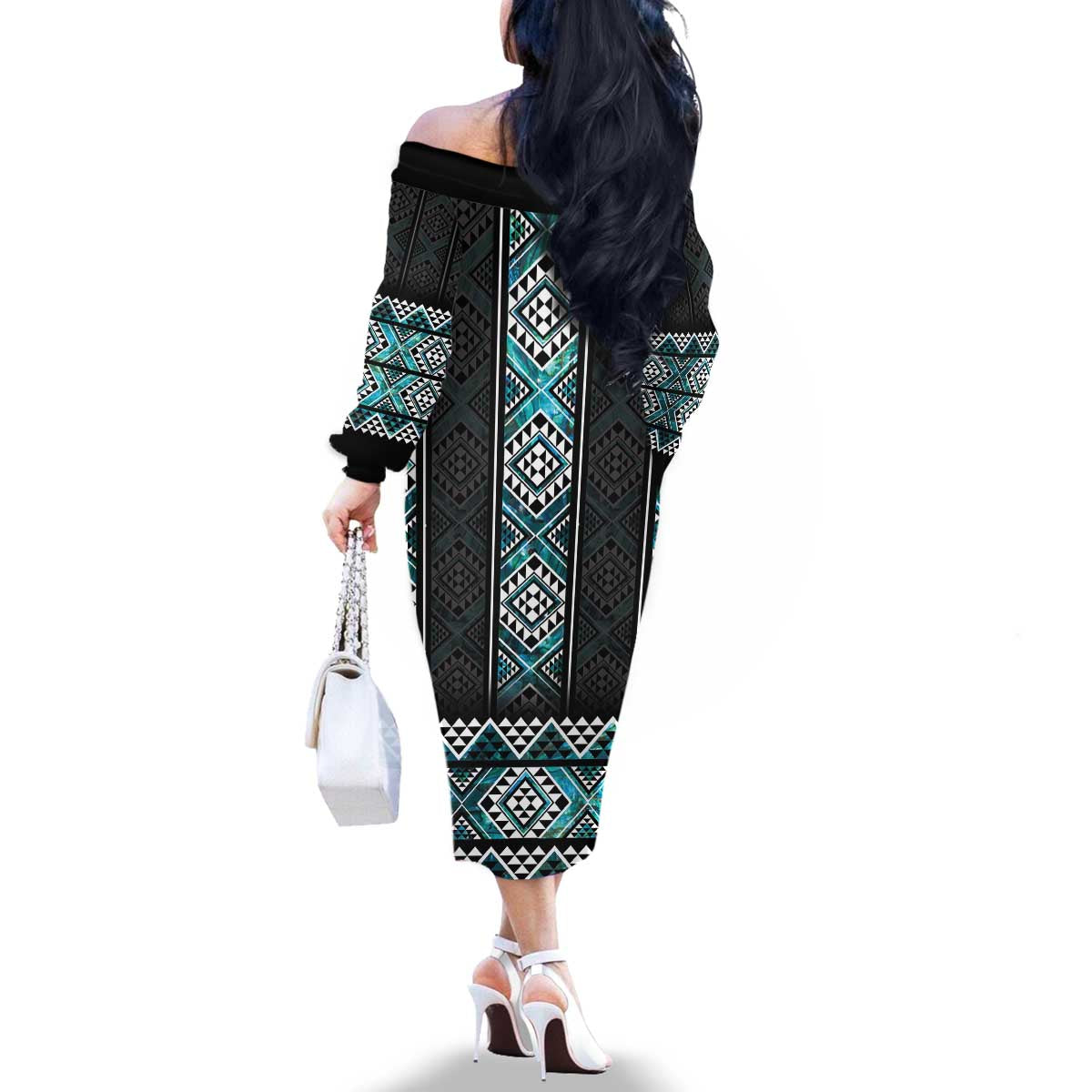 Paua Shell Taniko Pattern Aotearoa Family Matching Off The Shoulder Long Sleeve Dress and Hawaiian Shirt Niho Taniwha Mix Poutama