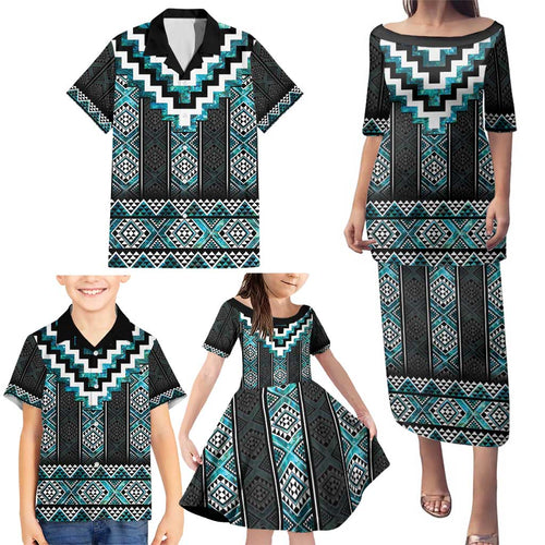 Paua Shell Taniko Pattern Aotearoa Family Matching Puletasi and Hawaiian Shirt Niho Taniwha Mix Poutama