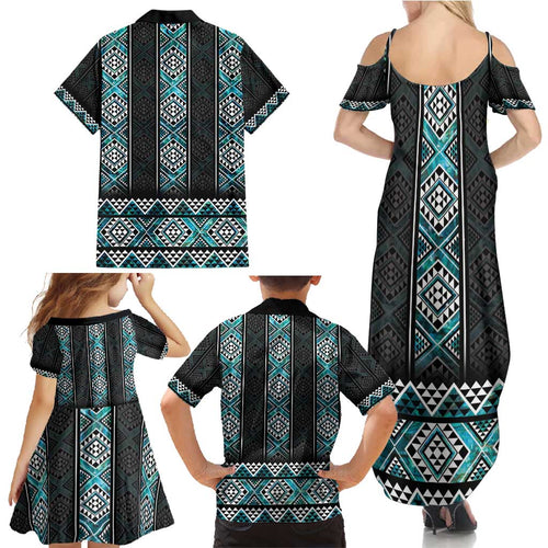 Paua Shell Taniko Pattern Aotearoa Family Matching Summer Maxi Dress and Hawaiian Shirt Niho Taniwha Mix Poutama