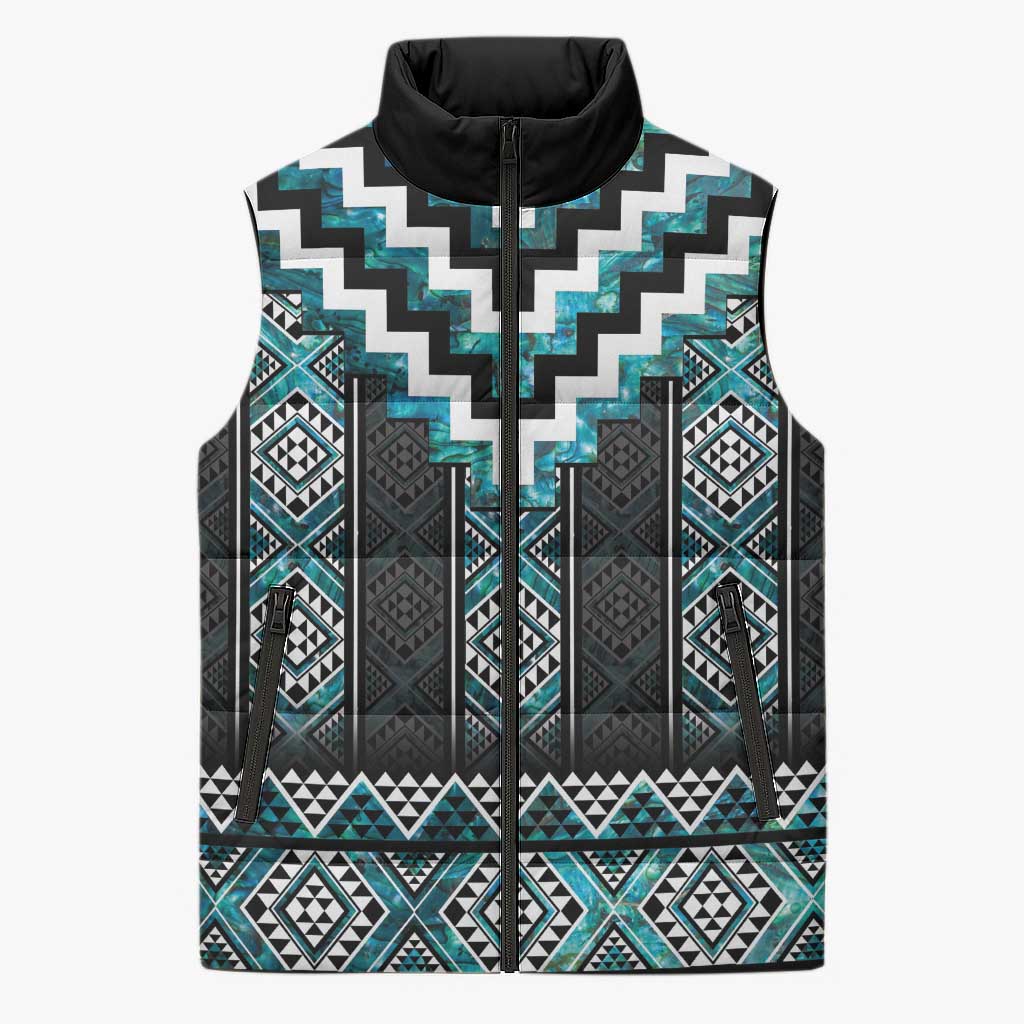 Paua Shell Taniko Pattern Aotearoa Sleeveless Puffer Jacket Niho Taniwha Mix Poutama - Aussie Hoodie
