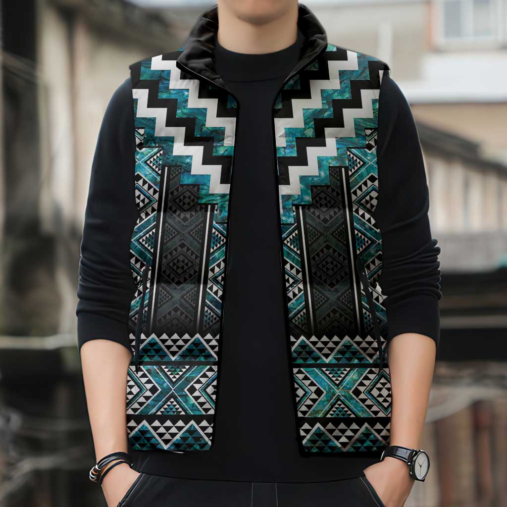 Paua Shell Taniko Pattern Aotearoa Sleeveless Puffer Jacket Niho Taniwha Mix Poutama - Aussie Hoodie