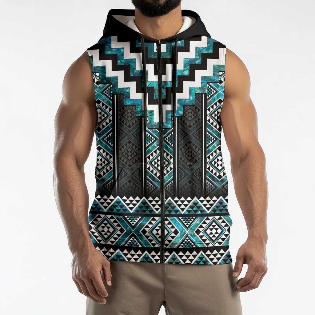 Paua Shell Taniko Pattern Aotearoa Sleeveless Zip Hoodie Niho Taniwha Mix Poutama LT14