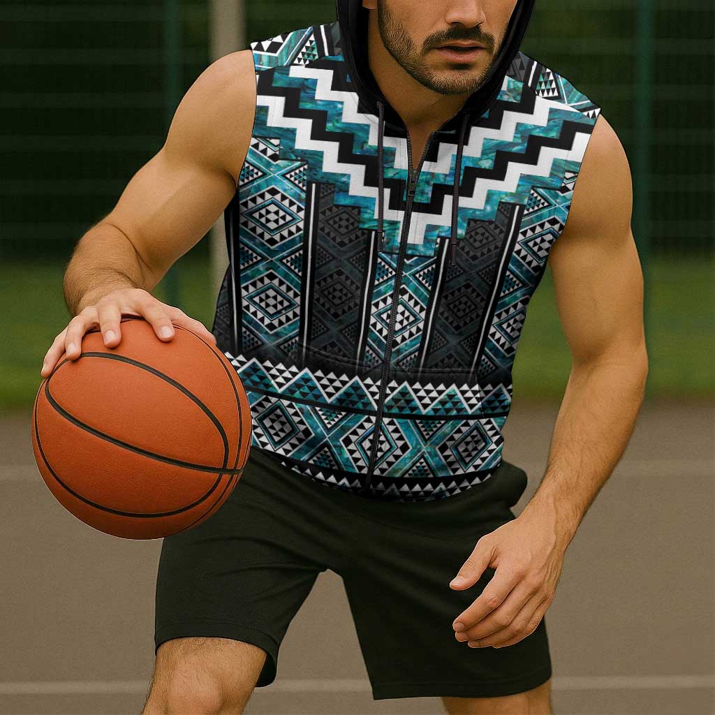 Paua Shell Taniko Pattern Aotearoa Sleeveless Zip Hoodie Niho Taniwha Mix Poutama LT14