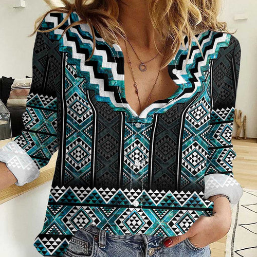 Paua Shell Taniko Pattern Aotearoa Women Casual Shirt Niho Taniwha Mix Poutama