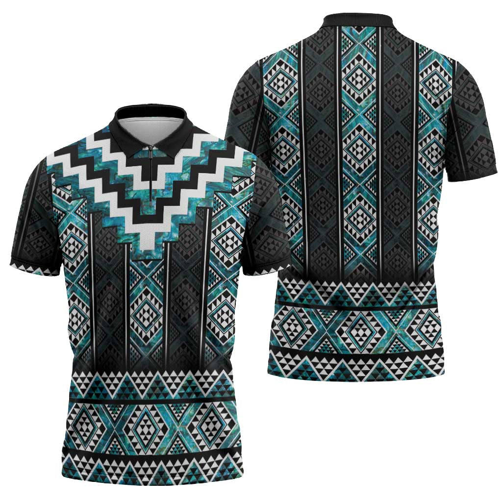Paua Shell Taniko Pattern Aotearoa Zipper Polo Shirt Niho Taniwha Mix Poutama - Aussie Hoodie