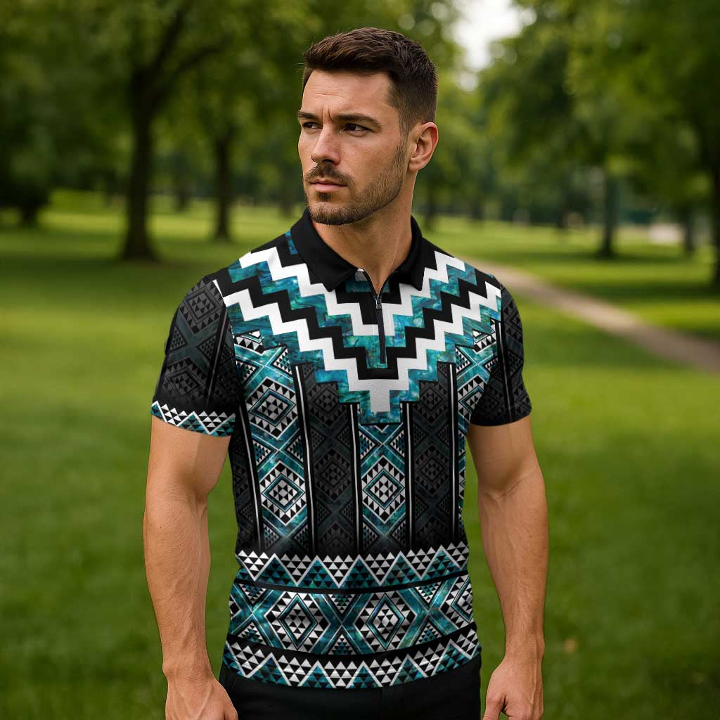 Paua Shell Taniko Pattern Aotearoa Zipper Polo Shirt Niho Taniwha Mix Poutama - Aussie Hoodie