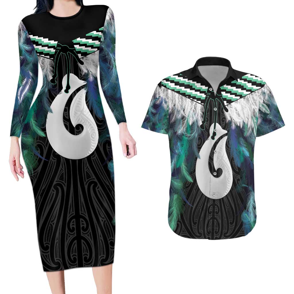 Aotearoa Korowai Motif Couples Matching Long Sleeve Bodycon Dress and Hawaiian Shirt Hei Matau Poutama Maori Pattern