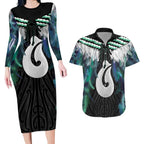 Aotearoa Korowai Motif Couples Matching Long Sleeve Bodycon Dress and Hawaiian Shirt Hei Matau Poutama Maori Pattern