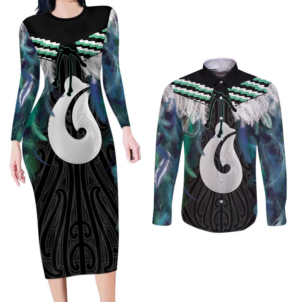 Aotearoa Korowai Motif Couples Matching Long Sleeve Bodycon Dress and Long Sleeve Button Shirt Hei Matau Poutama Maori Pattern