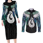Aotearoa Korowai Motif Couples Matching Long Sleeve Bodycon Dress and Long Sleeve Button Shirt Hei Matau Poutama Maori Pattern