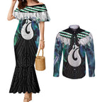 Aotearoa Korowai Motif Couples Matching Mermaid Dress and Long Sleeve Button Shirt Hei Matau Poutama Maori Pattern