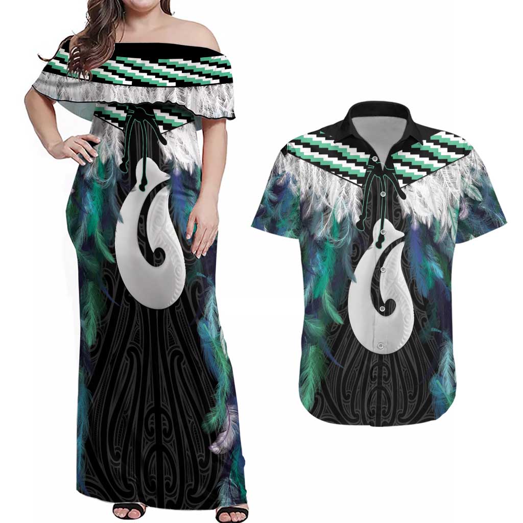 Aotearoa Korowai Motif Couples Matching Off Shoulder Maxi Dress and Hawaiian Shirt Hei Matau Poutama Maori Pattern