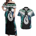 Aotearoa Korowai Motif Couples Matching Off Shoulder Maxi Dress and Hawaiian Shirt Hei Matau Poutama Maori Pattern