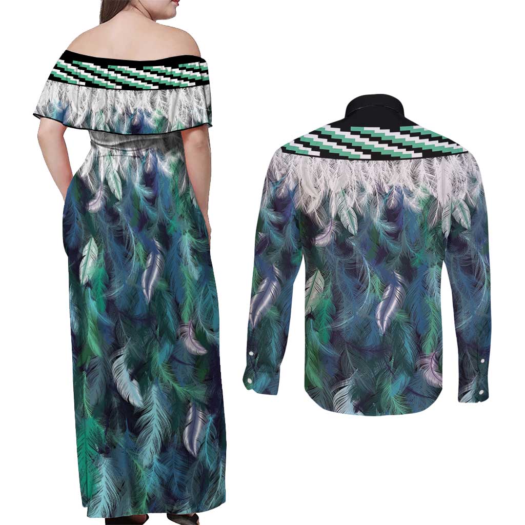 Aotearoa Korowai Motif Couples Matching Off Shoulder Maxi Dress and Long Sleeve Button Shirt Hei Matau Poutama Maori Pattern